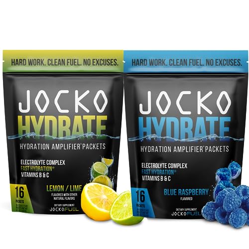 Jocko Fuel Hydrate Electrolytes Powder Packets Bundle Lemon Lime and Blue Raspberry - Hydration Amplifier Packets for Recovery, Dehydration, & Exercise - with Vitamins B6, B12 & C (32 Packets)