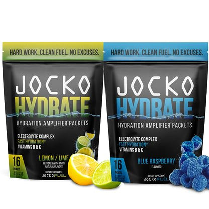 Jocko Fuel Hydrate Electrolytes Powder Packets Bundle Lemon Lime and Blue Raspberry - Hydration Amplifier Packets for Recovery, Dehydration, & Exercise - with Vitamins B6, B12 & C (32 Packets)