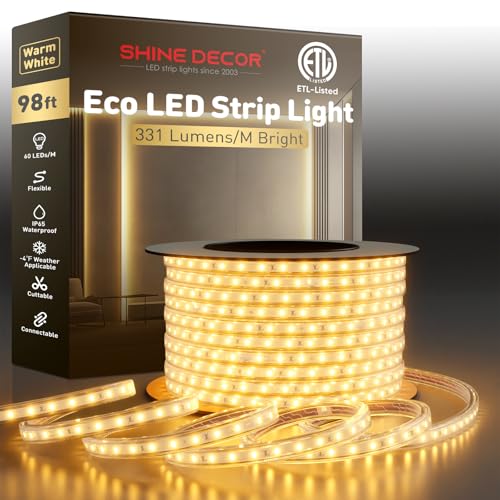 Shine Decor LED Strip Light Easy Connectable, 2800K Warm White Cold Resist Weatherproof Plug-in for Indoor Outdoor, 101 LM/FT Dimmable Bright Eco Rope Lighting 98FT, 120V Whole Set ETL Listed - color: Warm White, size: 98.4 Ft