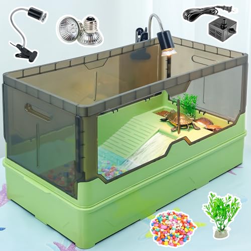 RunDuck Turtle Habitat Tank Kit– Fresh Filtration, Waterplay Fun, Diverse Living, Heat Lamp, Water Pump and Convenient Water Changes in Tanks Habitat Kits Turtle cage (Green, Large) - color: Green, size: Large