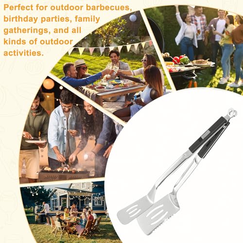 M METERXITY Spatula Tongs, 13.4 Inch 304 Stainless Steel Anti-Scald Extended Serrated Multifunctional Flipper Grill Clamp for Cooking/Barbecue, Kitchen Cooking Tong [Black Handle, Silver Tone] - color: Black Handle, Silver Tone