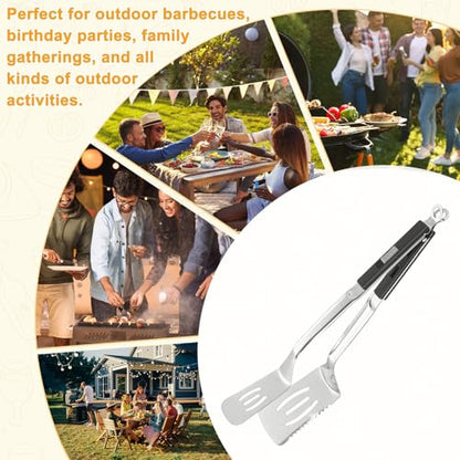 M METERXITY Spatula Tongs, 13.4 Inch 304 Stainless Steel Anti-Scald Extended Serrated Multifunctional Flipper Grill Clamp for Cooking/Barbecue, Kitchen Cooking Tong [Black Handle, Silver Tone] - color: Black Handle, Silver Tone