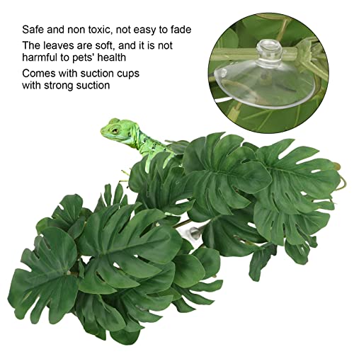 TITA-DONG Turtle Leaf Rattan, Fish Tank Accessories Green Plants, Reptile Hide Decor with Suction Cup, Rainforest Ground Plant Fish Tank Aquarium Monstera Terrarium Decor for Reptile Terrarium