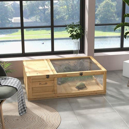 Kaimei Wooden Tortoise House, Reptile Enclosure with Viewing Windows - Indoor/Outdoor Habitat for Turtles, Lizards, Geckos