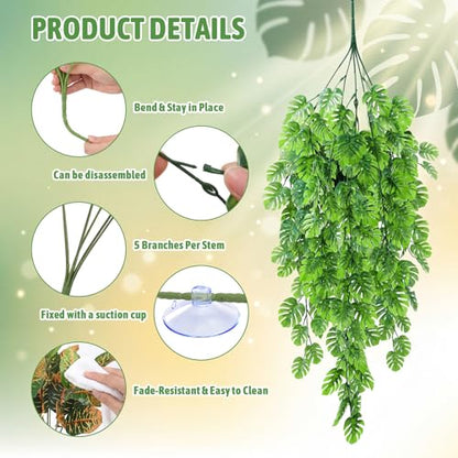 Suncalla 12 Pcs Reptile Plants Terrarium Hanging Plant Vines Artificial Leaves with Suction Cups Climbing Foliage for Bearded Dragon Lizard Gecko Snake Tank Accessories Decor (Lush Series) - style: Lush Series