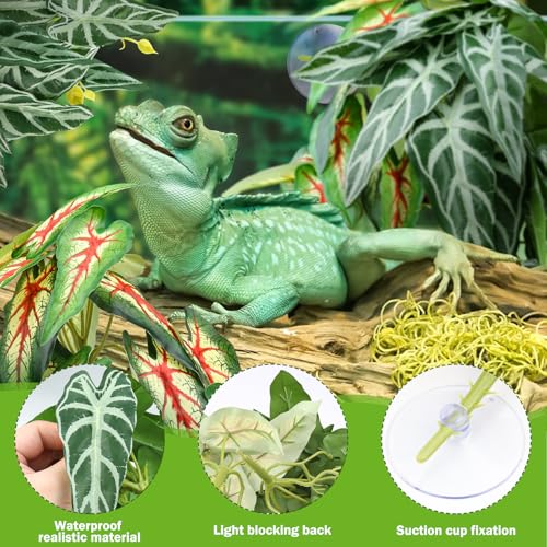 QUOZUO 2 Pack Reptile Plants for Terrarium, Artificial Leaves Habitat Decorations with Suction Cups, Terrarium Hanging Plants Vines for Bearded Dragons Lizards Snake Geckos Frogs - red and White