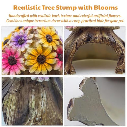 Humid Hide for Leopard Gecko – Resin Reptile Hide with Artificial Flowers, Tree Stump Cave for Crested Gecko Corn Snake Juvenile King Snake, Terrarium Decor Accessory (7.3"x6.7"x5.5")