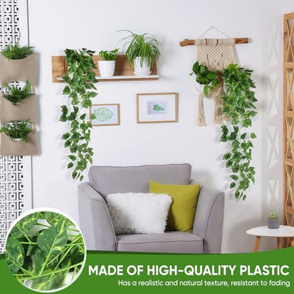 3 Pcs Fake Hanging Plants Vines Artificial Pothos Faux Ivy Greenery Ideal for Wall Shelf Home Bedroom Living Room Office Patio Garden Indoor Outdoor Decor - size: 3