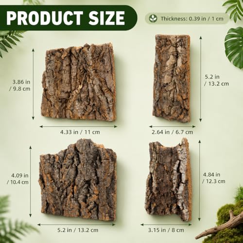 SHINEOFI Cork Bark for Reptiles, 4Pcs Natural Reptile Hide and Basking Platform Tree Bark Decor for Terrarium Gecko Lizard Snake Tortoise Enclosure Landscaping (Random Shapes)