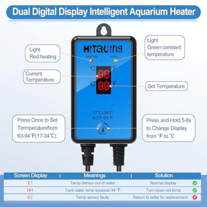 HiTauing Aquarium Heater, Upgraded 100W Fish Tank Heater with Intelligent Leaving Water Automatically Stop Heating and Advanced Temperature Control System, Suitable for Saltwater and Freshwater - size: 100W for 10-20 Gallon