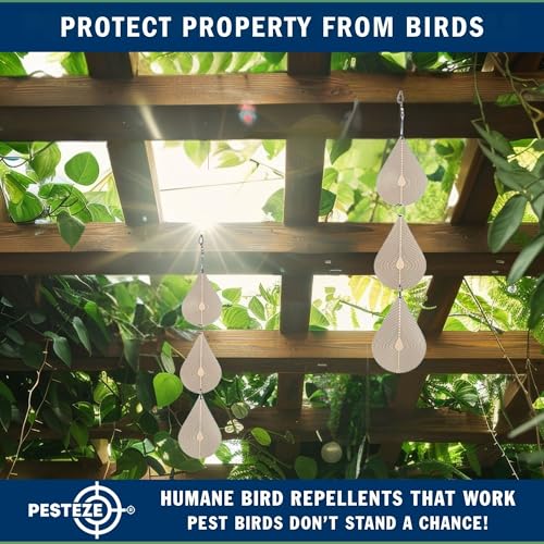 PESTEZE USA Premium Bird Deterrent Wind Spinner Set – 3-Piece Stainless Steel Reflective Water Droplet Design to Deter Birds & Prevent Nesting Around Porch, Garden & Outdoor Areas [2.6 × 15.5 in]