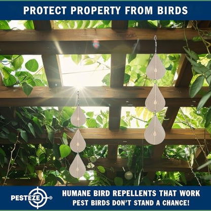 PESTEZE USA Premium Bird Deterrent Wind Spinner Set – 3-Piece Stainless Steel Reflective Water Droplet Design to Deter Birds & Prevent Nesting Around Porch, Garden & Outdoor Areas [2.6 × 15.5 in]