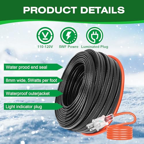 200FT Heat Tape for Water Pipes，-40°F Anti-Freeze De-Icing Heating Tape, Pipe Insulation Heating Cable for Insulation/Roof Snow Removal, Gutter Heating Cable, Heated Water Hose 120V 5W/ft