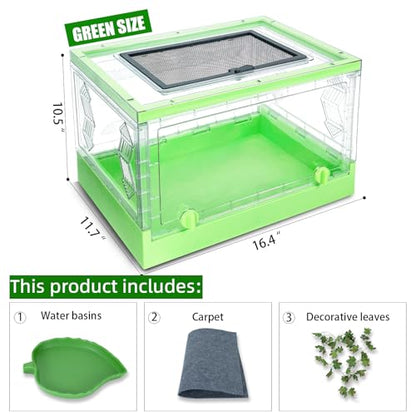 Travel Foldable Reptile Terrarium with Sliding Door Portable Spider Enclosure, Lizard Cage, Plastic Habitat for Tarantula, Tree Frog, Leopard Gecko, Snake, Ventilated Terrarium Starter Kit Green - color: Green