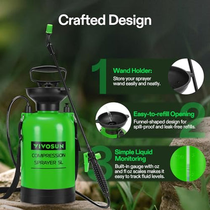 VIVOSUN 1.35-Gallon Pump Sprayer, Pressurized Lawn & Garden Sprayer with Adjustable Shoulder Strap, for Plants Spraying, Garden Watering and Household Cleaning - color: Green, size: 1.35 Gallons