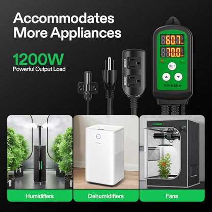 VIVOSUN Humidity Controller, 1200W Dual-Stage Outlet, Pre-Wired Digital Humidistat with Dual LED Displays for Humidifier/Dehumidifier/Fan, Ideal for Greenhouse, Grow Tent, Home-Brewing, Mushroom
