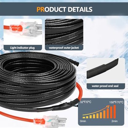 140FT Heating Cable for Metal and Plastic Home Pipes, Energy-efficient, Heat Tape for Water Pipes, Pipe Freeze Protection, Keeps Water Flowing at -40℉, 120V - size: 140FT