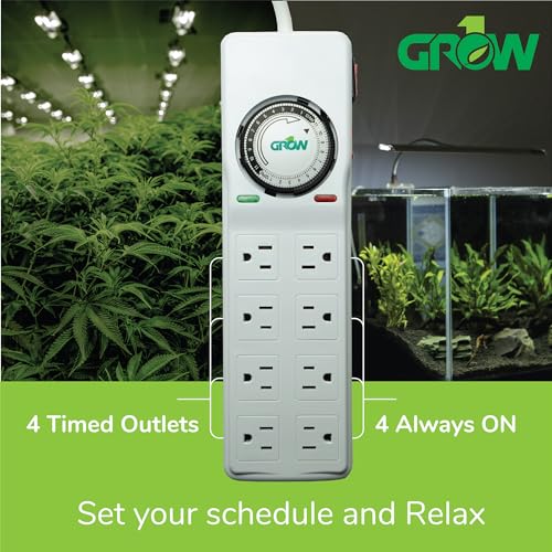Grow1 8 Outlet Power Strip with Timer & Surge Protector (4 Outlets Always on, 4 Outlets Timed) Great for Aquarium Surge Protector, Reptile Light Timer & Hydroponics Power Strip