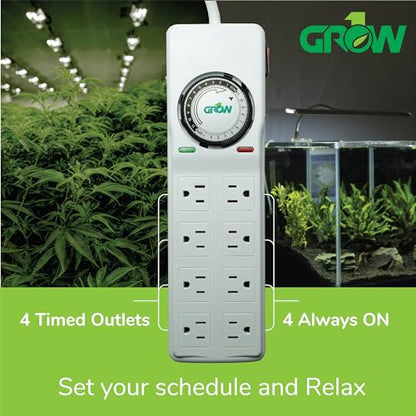 Grow1 8 Outlet Power Strip with Timer & Surge Protector (4 Outlets Always on, 4 Outlets Timed) Great for Aquarium Surge Protector, Reptile Light Timer & Hydroponics Power Strip