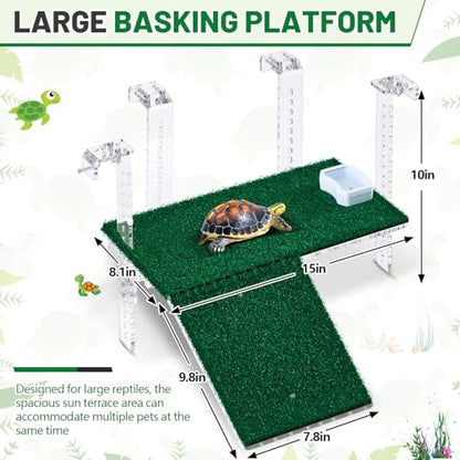 Reallnaive Adjustable Large Hanging Turtle Basking Platform Non-Slip Turtle Tank Accessories Simulation Grass Aquatic Reptile Ramp Dock for Turtles Salamanders Frogs Resting(15 x 8.1 Inch) - size: 15 x 8.1 Inch