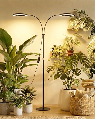 Bamworld Grow Lights for Indoor Plants, 2 Head Full Spectrum Plant Lights for Indoor Growing, Floor Grow Lamp for Large Plants, Auto ON/Off Timer, 10 Dimmable Levels, 37-65" Adjustable Height, Black - color: Black, size: 2 Head