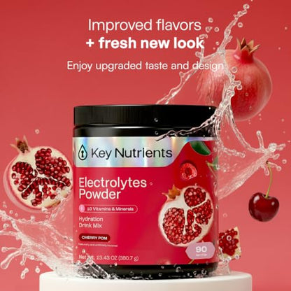 KEY NUTRIENTS Multivitamin Electrolytes Powder No Sugar - Sweet Cherry Pom Electrolyte Powder - Endurance & Energy Supplement - Hydration Powder - No Calories - 90 Servings - Made in USA