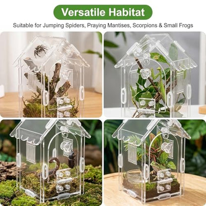 Jumping Spider Enclosure, Acrylic Terrarium Habitat with Magnetic Front Door & Full Ventilation, with Tweezers and Temperature Sticker, for Spiderling and Micro Reptiles