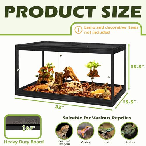PROLEE Reptile Tank, 35 Gallon Beard Dragon Tank, Tempered Glass Reptile Encloure and Snake Tank with Locking Design for Lizard,Gecko,Chameleon (32"X15.5"X15.5",Black) - color: Black, size: 35 Gallon (32x15.5x15.5 Inch)