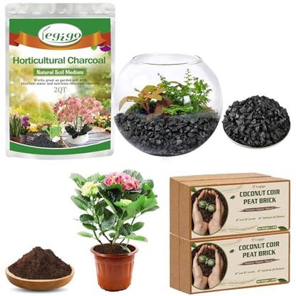 Legigo 2 QT Horticultural Charcoal & 4 Pack Organic Coco Coir Bricks- Soil Amendment Plant Potting Mix, Ideal for Orchids, Succulents, Terrariums, Indoor & Outdoor Gardening