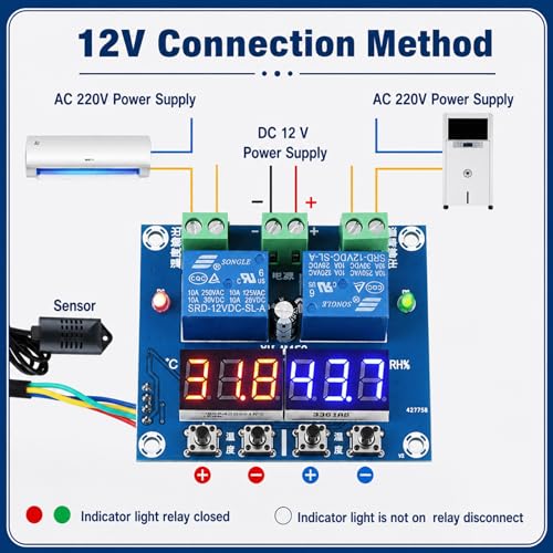 2 Packs Humidity Controller Digital Thermostat Hygrometer Control Module for DIY Furnace humidifier Upgrades and Incubation DC 12V Dual Relay Output 10A LED Display XH-M452