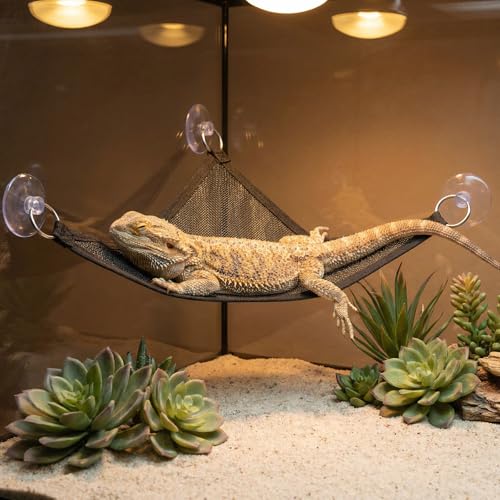 2 Pcs Bearded Dragon Hammock, Breathable Mesh Reptile Hammock for Lizard Gecko, Triangular Climbing Lounger with Strong Suction Cups for Iguanas, Geckos, Snakes, Chameleon Tank Accessories (Black)