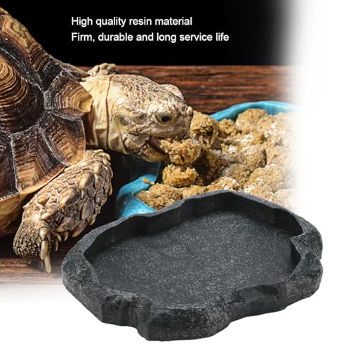 Reptile Water Dish, Sturdy ABS Resin Reptile Rock Food Water Dish Feeder, Smooth 7.09x5.51x0.79in Reptiles Rock Food Bowl for Pets Feeding, Drinking, Dark Green