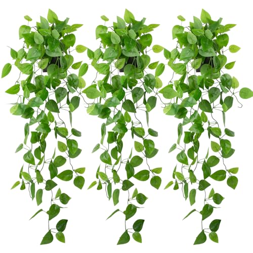 LOYWREE 3 Pack Small Artificial Hanging Plants with Faux Ivy Vine and Hanging Pothos 39Inch Fake Plant Realistic Greenery for Shelf Decor in Home, Office, Indoor & Outdoor Gardens - color: Pothos, size: 3Pack