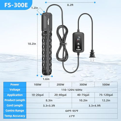 FREESEA Aquarium Heater for Fish Tank: 100W/200W/300W/500W Submersible Fish Tank Heater with Over-Temperature and Off-Water Protection for 40-75 Gallon Saltwater and Freshwater - size: 300W(40-75gallon)