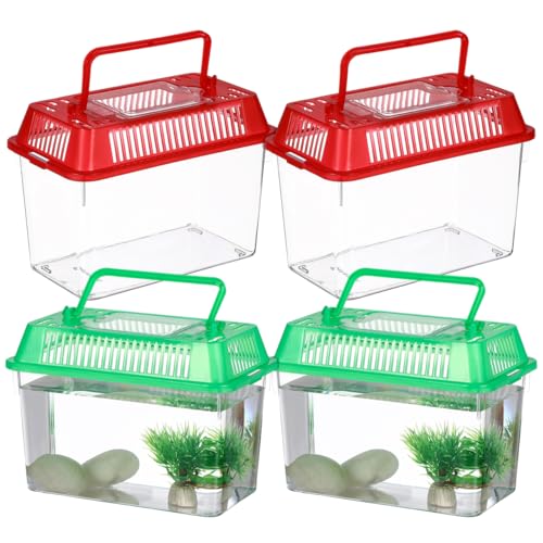 POPETPOP 4 Pcs Plastic Small Fish Tank: Mini Reptile Terrariums Carrier Cage, Transparent Portable Reptile Enclosure for Jumping Spider, Snake, Fish, Turtle (Random Color Lid)