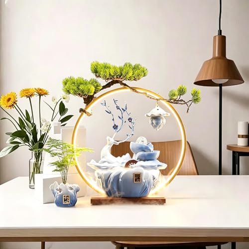 Tabletop Water Fountain, 17.3”Tall Deer Statue Waterfall Fountain with Incense Holder, LED Light & Adjustable Pump, Zen Relaxation Desk Fountains for Office,Living Room or Bedroom