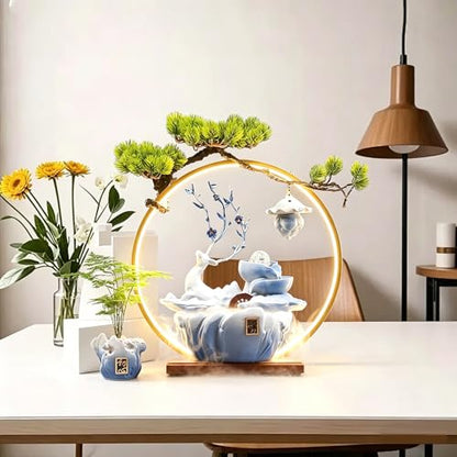 Tabletop Water Fountain, 17.3”Tall Deer Statue Waterfall Fountain with Incense Holder, LED Light & Adjustable Pump, Zen Relaxation Desk Fountains for Office,Living Room or Bedroom