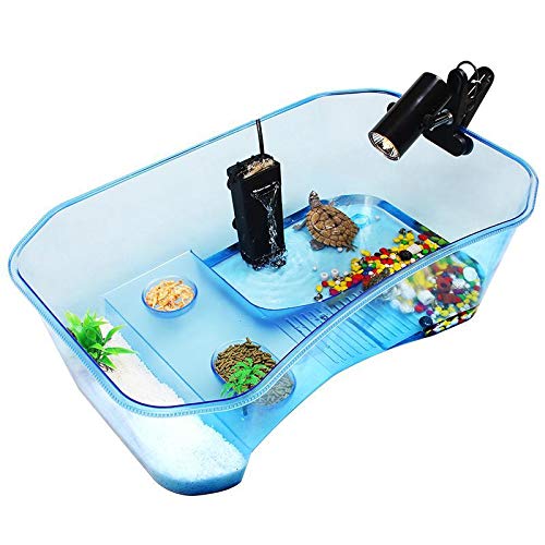 Turtle Tank with Multi-Function Areas, Easy Assembly, Ideal for Small Turtles & Reptiles, Includes Plastic Tree & Fishing Net - color: Blue