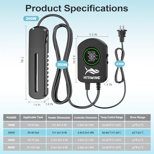 HiTauing Aquarium Heater, 100W/200W/300W/500W Fish Tank Heater with Upgraded LED Large Display, Up/Down Control Buttons and Intelligent Leaving Water Automatic Power-Off for Saltwater and Freshwater - size: 200W for 20-40 Gallon