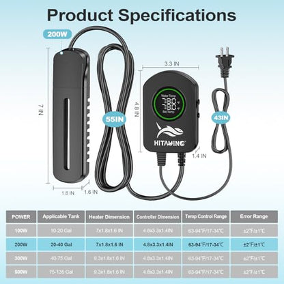 HiTauing Aquarium Heater, 100W/200W/300W/500W Fish Tank Heater with Upgraded LED Large Display, Up/Down Control Buttons and Intelligent Leaving Water Automatic Power-Off for Saltwater and Freshwater - size: 200W for 20-40 Gallon