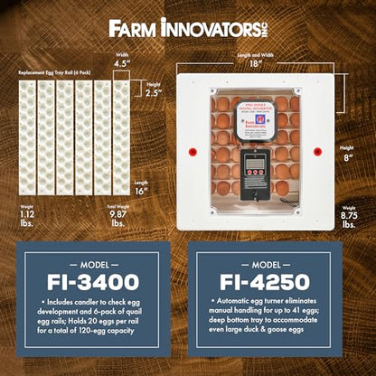Farm Innovators 4250 Heated Digital Circulated Air Incubator with Automatic Egg Turner and 6 Pack of Small Egg Tray Rail with 20 Egg Capacit