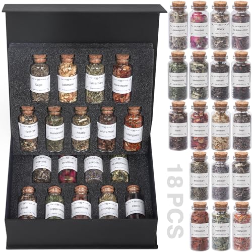 HNSHAG Witchcraft Supplies Herbs and Flowers Kit, Bigger Size 18pack Dried Herb for Witchy Beginners, Witchcraft Altar Supplies and Decor, Cinnamon Vervain Spiritual Herb for Witchy Gifts for Women - size: 30ml 18pack