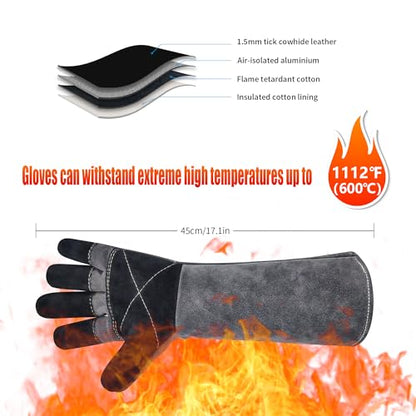 Long Welding Gloves 23.6 Inches 932℉,Heat/Fire Resistant Leather For Mig, Tig, Stick, Forge, BBQ, Grill, Fireplace - color: 17.7in Grey