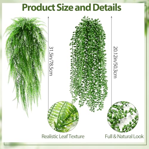 Daifunli 12 Pcs Artificial Hanging Plants Fake Hanging Ferns Plastic Fake Plant for Wall Room Garden Garland Indoor Outdoor Decor No Basket (Boston Ferns,String of Pearls) - style: Boston Ferns, String of Pearls