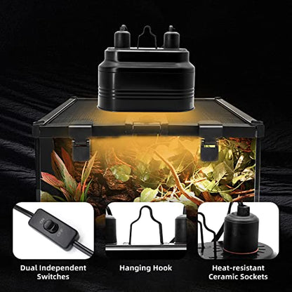 MECESOR Dual Reptile Lamp Fixture with Independent Switches, UVB & Basking Bulb Holder for Glass Terrarium Habitat - Reptile Light Fixture for Bearded Dragons,Turtles,Snakes & Lizards