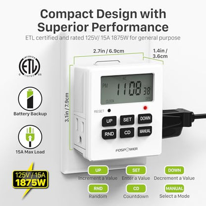 Fospower 7 Day Digital Timers for Electrical Outlets Indoor, Heavy Duty Dual Programmable Outlet Light Timer Switch, Electric Power Wall Timer for Grow Light, Lamp, 3 Prong, Grounded- 2 Pack - style: 2 Pack
