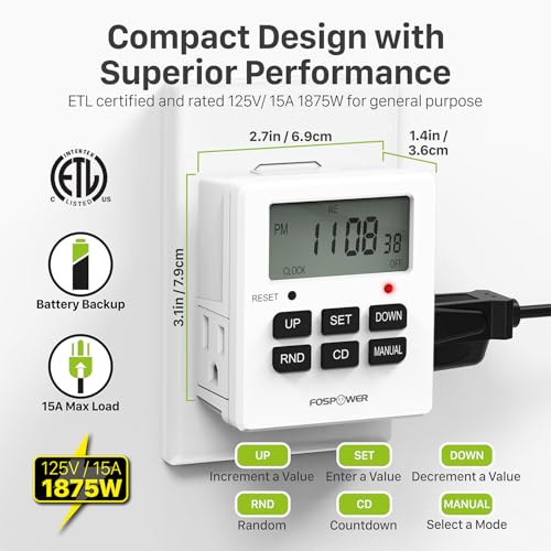 Fospower 7 Day Digital Timers for Electrical Outlets Indoor, Heavy Duty Dual Programmable Outlet Light Timer Switch, Electric Power Wall Timer for Grow Light, Appliance, Lamp, 3 Prong, Grounded - style: 1 Pack