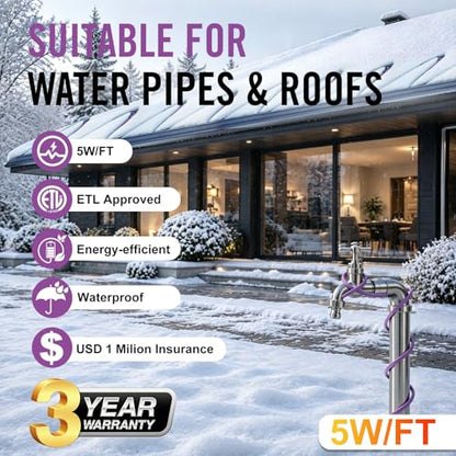 150FT Heat Tape for Water Pipes Roof and Gutters Heating Cable with 6ft Lighted Plug - style: 150 Feet