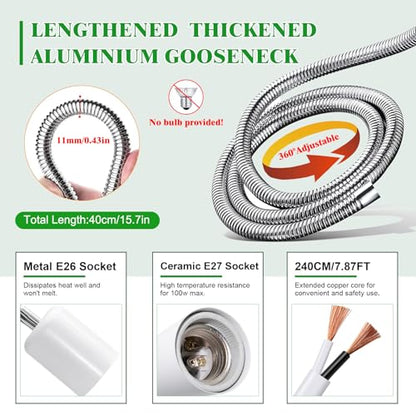 Reptile Heat Lamp,Tortoise Heat Lamp with 40CM Lengthened Gooseneck,Grow Light for Plant,Chick Basking Lighting,E27 Ceramic Lamp Holder,Clamp Light with Dimmable Switch,Metal Clip,for Lizards,No Bulb - color: Heat Lamp-white-1pc