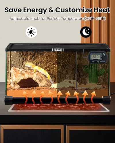 MQ Reptile Terrarium Heat Pad with LCD Digital Aquarium Thermometer, 11 x 11in Power Adjustment Under Tank Heater Mat for Pets, Small Animals, Seedling, 14W - size: 14W, 11*11 in
